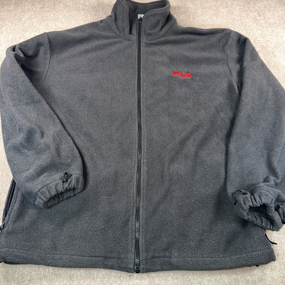 Fila Mens Full Zip Fleece Jacket Gray Red Logo Large Mock Neck Drawstring Hem
